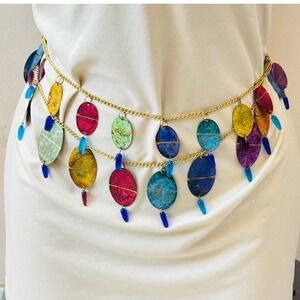 VTG BOHO Colorful Brass Metal Chain Dangle Belt Necklace Cha cha Glass Chunky